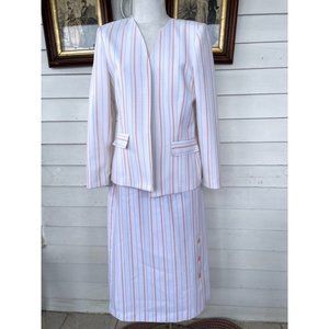 Vintage 1970s White Peach Striped Skirt Suit